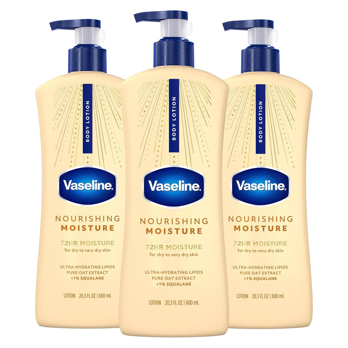 Vaseline Intensive Care Nourishing Moisture Body Lotion 3 Pk Made with Ultra-Hydrating Lipids + Pure Oat Extract for Dry Skin, for Nourished, Healthy-Looking Skin 20.3 oz