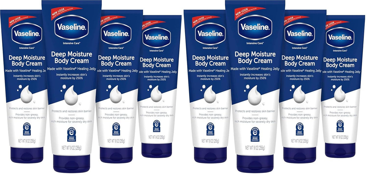 Vaseline Intensive Care Body Cream Deep Moisture with Healing Petroleum Jelly & Vitamin E Rich & Smooth for Dry Skin 9 oz,(Pack of 8)