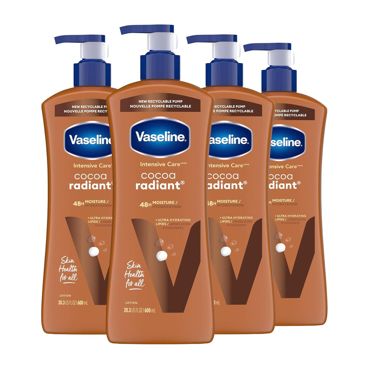 Vaseline Intensive Care Body Lotion Cocoa Radiant 4 Count for Dry Skin Lotion Made with Ultra-Hydrating Lipids and Pure Cocoa Butter for a Long-Lasting, Radiant Glow 20.3 Oz
