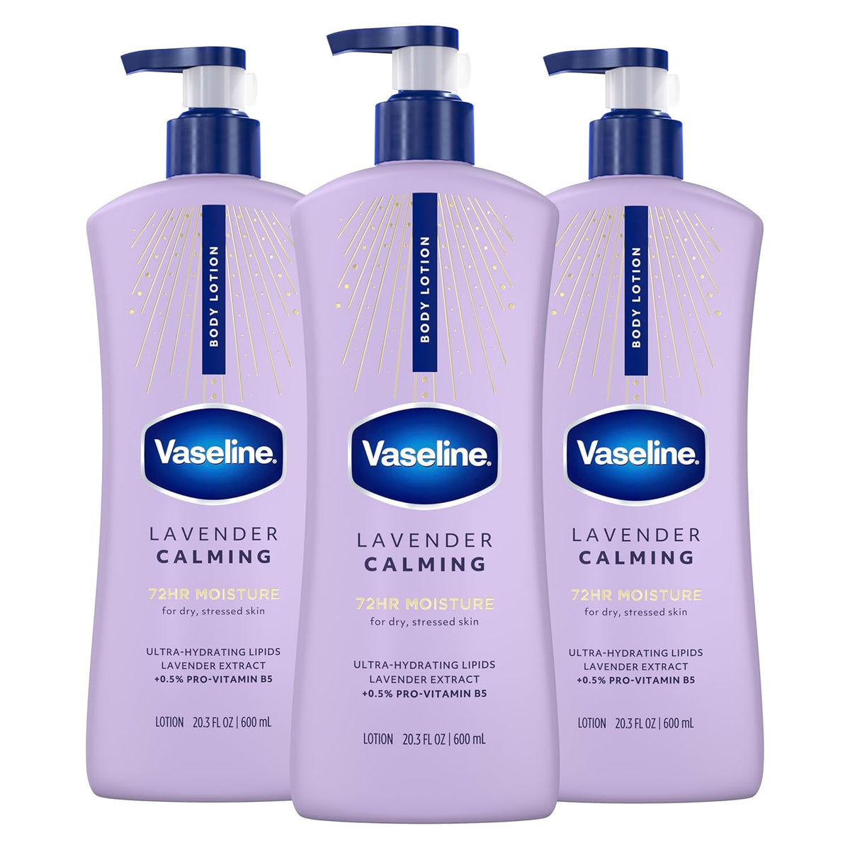Vaseline Intensive Care Calm Healing Body Lotion 3 count for Dry Skin Made with Ultra-Hydrating Lipids and Lavender Extract to Heal and Restore Dry Skin 20.3 oz